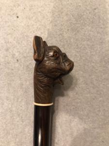 Handschuhstock mit Knauf, der einen Hund mit einem per Knopfdruck zu öffnenden Maul darstellt.