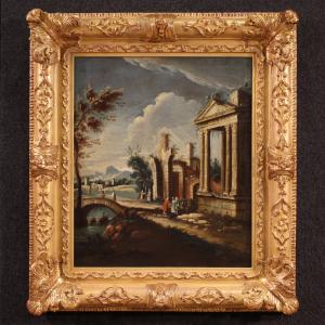 Pintura da escola veneziana do século XVIII, capricho arquitetônico com figuras