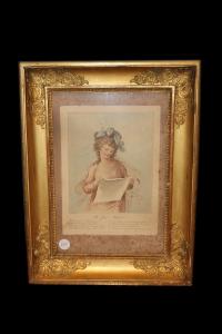 Pequena Gravura Francesa Retrato de Dama do Século XIX com Linda Moldura Dourada