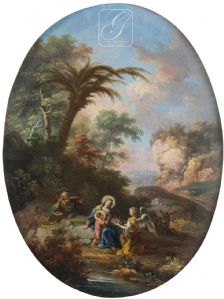 Vittorio Amedeo Cignaroli - Landschaft mit Rast von Jesus, Maria und Josef auf der Flucht nach Ägypten / Marine mit Jesus, der den heiligen Petrus vor dem Wasser rettet VERKAUFT