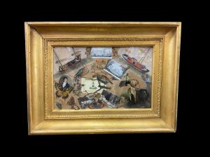 Collage of various paper figures applied to canvas, in an 1800s period frame