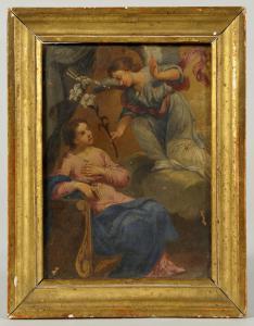 Annunciazione, piccolo olio su rame in cornice in legno dorato, scuola emiliana secolo XVIII