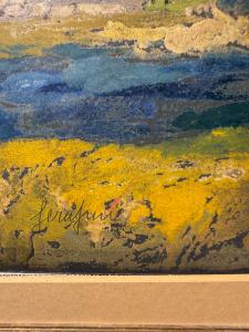 Ölgemälde auf Karton, Giuseppe Serafini 1960, Mädchen mit Dorf, 67x87cm