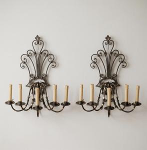 Pair of wrought-iron wall lights, late 19th century