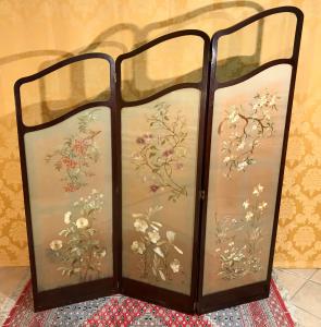 Paravento separè parete divisoria in mogano decori seta Liberty Art Nouveau