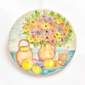 Vase of flowers with fruit - Ceramic plate by Michele Cascella