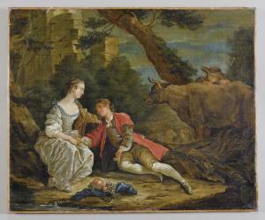 Scena romantica, olio su tela, scuola francese secolo XVIII