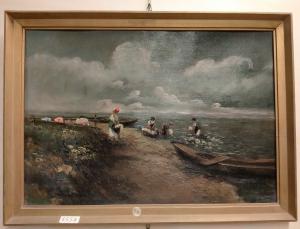 Oil on cardboard from the 1800s depicting a seascape with figures