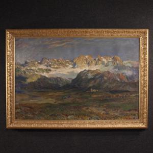Antico dipinto italiano firmato paesaggio di montagna del XIX secolo
