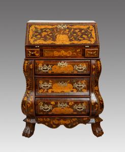 Antique Dutch drop-front desk in fine woods from the early 19th century.