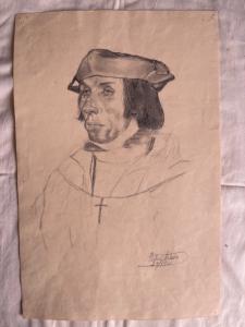 Desenho a lápis sobre papel com rosto de jovem renascentista. Arturo Pietra. Bolonha 1900.