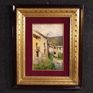 Italian landscape painting view of houses from the 20th century