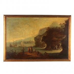 Marine Landscape with Figures, 18th Century Oil on Canvas