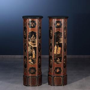 Coppia di Colonne Porta Vaso Chinoiserie