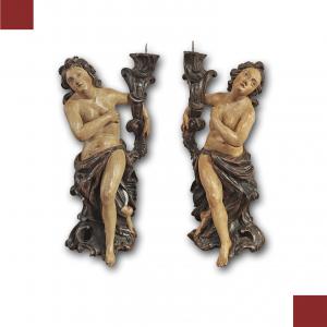 COPPIA DI CANDELABRI IN LEGNO DIPINTO META’ XVIII SECOLO 