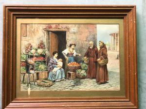 Tempera con figure di frati e venditrici di frutta.Alberto Collina.Roma