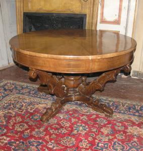 tav99 tavolo a cestello in noce intarsiato, cm 127 x h 75,5, allungabile