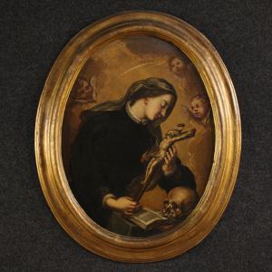 Antico dipinto ovale Santa Caterina di Genova del XVII secolo