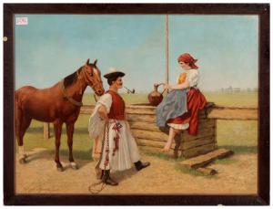 Antico quadro del 1800 olio su tela raffigurante "Incontro"