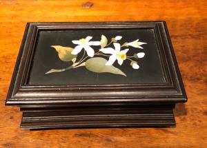 Ebonized wood box with floral mosaic. Hard stone workshop. Florence.