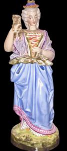 Figürliche Kräutertee-Nachtlampe aus polychromem Porzellan in Form einer Dame mit Hund.