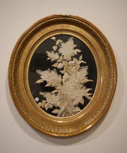 Antique French painting from the 1800s with embroidered Snowberry