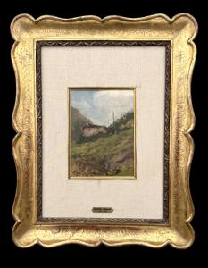 Dipinto olio su compensato raffigurante paesaggio con cascina.Guglielmo Pizzirani .(Bologna 1986-1971).