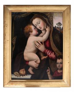Mariotto Albertinelli seguace di, Firenze 1474 – Firenze 1515; La Vergine con il Bambino e l'infante San Giovanni Battista; olio su tela
