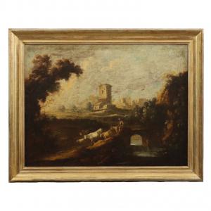 Landscape with Buildings and Figures Oil on Canvas, 18th Century