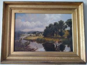 1800s English oil on canvas depicting a river landscape