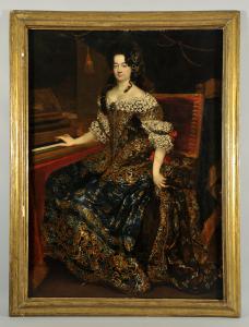 Nicolò Maria Vaccaro (Genova 1659 Madrid 1720) Ritratto di dama al fortepiano, olio su tela in cornice antica