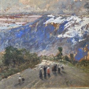 Filippo Carcano (Milán 1840 – 1914) Paisaje de Montaña Antiguo óleo sobre tabla s. XIX. Cm 25,50 x 17,50