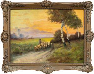 Pittore ungherese (XIX secolo) - Paesaggio con gregge al tramonto.