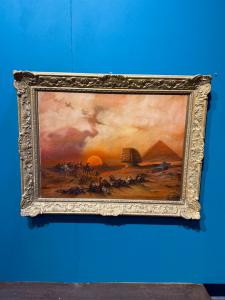 Ölgemälde auf Leinwand, Pyramiden und orientalistische Landschaftsfiguren, 20. Jh., 90x69cm