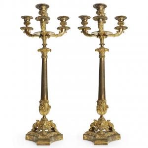 Pair of 19th Century Empire Candelabra Italian Gilt Bronze Three-Arm Flambeaux