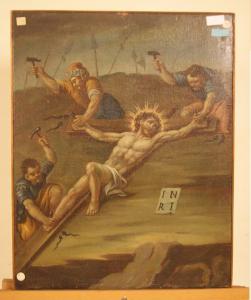 Antikes italienisches Gemälde aus dem 18. Jahrhundert, das die "Kreuzigung Jesu" darstellt, Öl auf Leinwand