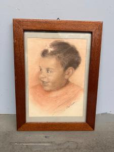 Antique pencil drawing, sanguine technique, 1950s, child, 40x30cm
