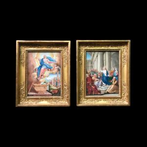 Paar Temperagemälde, die die Himmelfahrt Mariens und Jesus, der die Doktoren im Tempel predigt, darstellen. Italien.