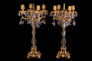 Pair of bronze and crystal candelabra