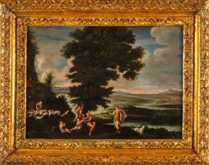 Erminia tra i pastori, scuola italiana secolo XVII, olio su rame