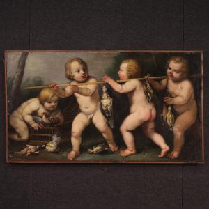 Antique 17th century Rudolphine school painting, cherub games
