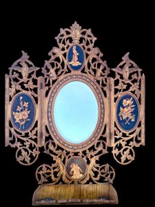 Folding travel mirror in pierced and inlaid wood with oval medallions depicting pastoral and floral scenes. Sorrento.