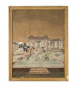 Polychrome Malerei auf Reispapier mit chinesischen Szenen, Piemont, 18. Jahrhundert