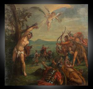 Dipinto antico olio su tela raffigurante il Martirio di San Sebastiano attribuito a "Hans Von Aachen" 1549-1628.
