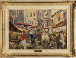 Giacomo Picollo, Small Port and Old Market, oil signed and dated 27 lower right.