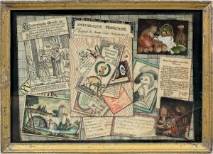 Pittore tedesco (XVIII-XIX secolo) - Trompe l'oeil con documenti, incisioni e natura morta.
