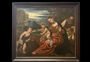 Oil painting on canvas depicting the Holy Family with Saint John.