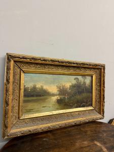 Alte Landschaft, Öl auf Holz, 1850, Frankreich, mit vergoldetem Stuckrahmen, 50x32cm