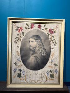 Antique 19th-century charcoal drawing, the one true image of Jesus from an ancient engraving on emerald! 109x89cm