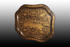 Stupendo vassoio francese in legno riccamente decorato gusto orientale